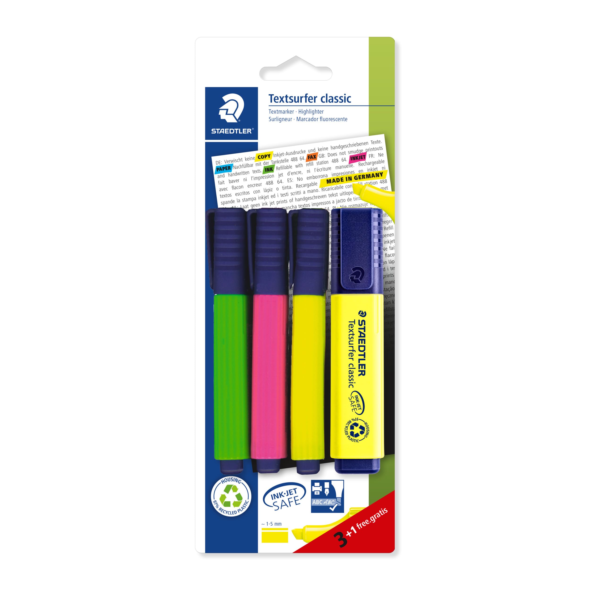 STAEDTLER 364 A BK4D Textsurfer Classic Highlighter Bonus Pack - Assorted Colours (Pack of 3+1)