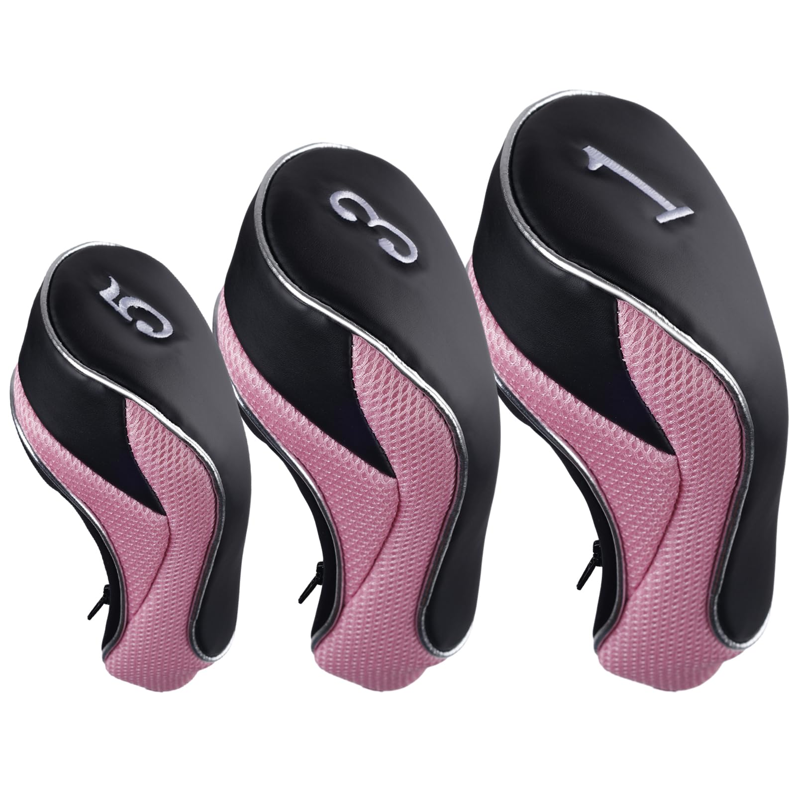 Andux Golf 460cc Driver Fairway Wood Club Head Covers with Zipper Closure Set of 3 Pink