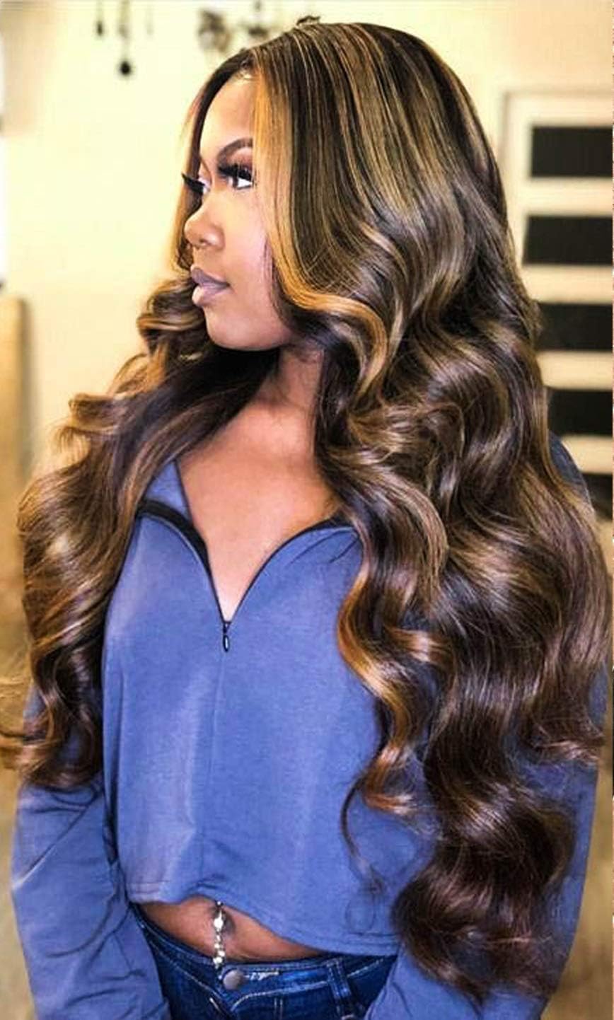 Black with Brown Highlights Long Curly Wavy Wig Ombre 28 Inches Body Wave Wigs for Black White Women Heat Resistant Replacement Synthetic Body Wave Wig (Color:F1B/30)