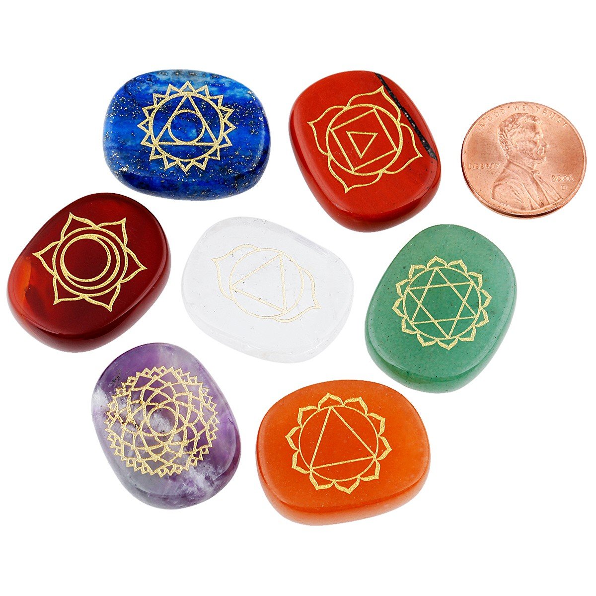 mookaitedecor 7 Piece Chakra Stones with Engraved Symbols Polished Palm Stone for Reiki Crystal Healing