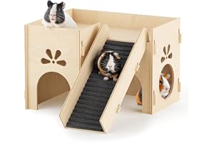 Chuiendi Guinea Pig Hideout House, Basic Large Wooden Hamster House with Climbing Ladder & Multi-Holes, Bunny Castle Tower Toy for Guinea Pig Chinchilla Gerbil Hedgehog Small Animal House Habitat Hut