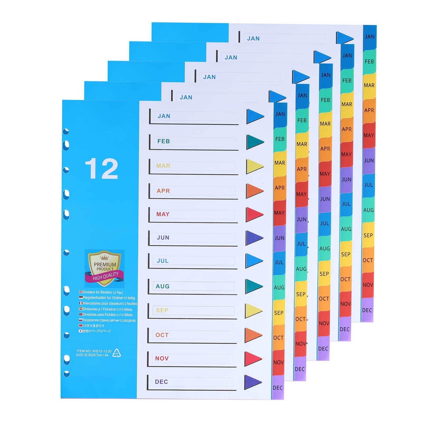 (5 Pack) DONGLI A4 File Dividers 12 Part Numbered Jan-Dec, Subject Divider with 11 Hole Reinforced Colour Month Index Tabs for Home Office