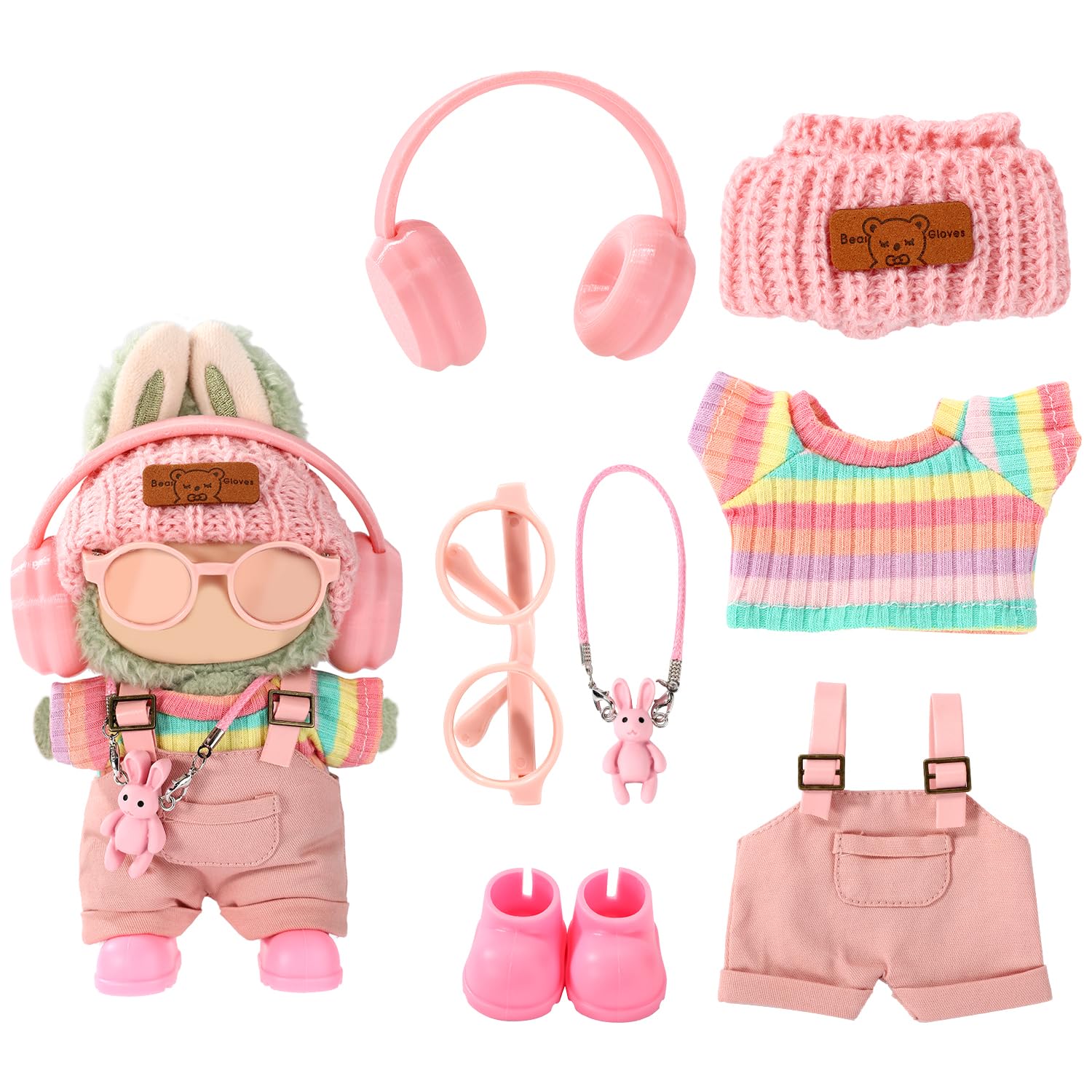 7pcs Plush Doll Clothes Set, Adorable Rainbow Top Clothes Pants Headphones Glasses Bag Hat and Shoes Fashion Doll Outfit Set for Dressing & Displaying — image 1
