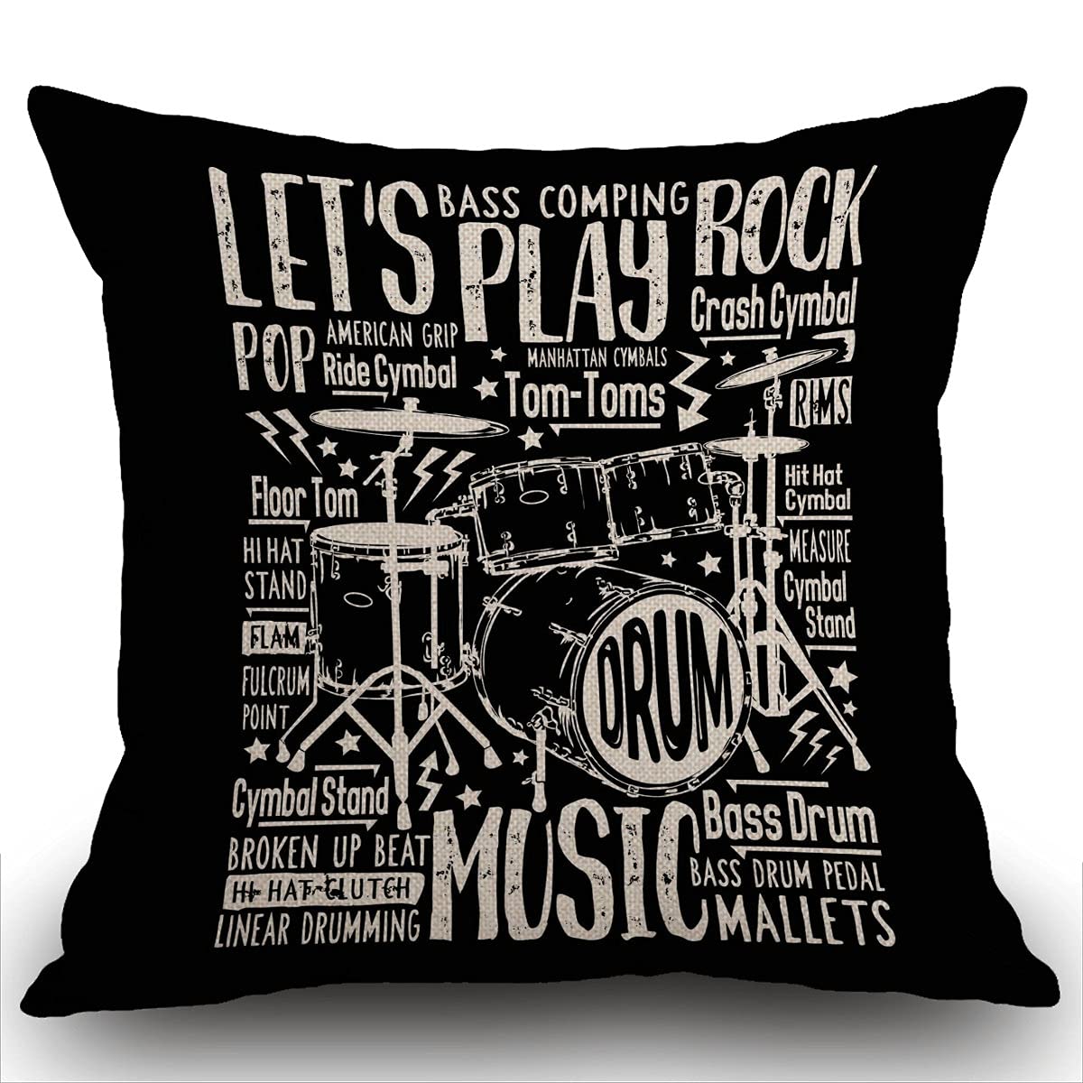 Smooffly Music Cotten Linen Cushion Cover, Music Rock Drums Typography Design Decorative Square Throw Pillow Case Pillowcase for Couch Livingroom Sofa Bed 45cm x 45cm,18x18 Inches
