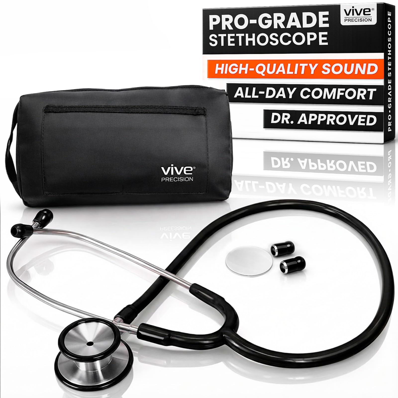 Vive Precision Dualhead Stethoscope - Dual Head Diaphragm Bell for Nurses, ER, Cardiology, Veterinary (Black)