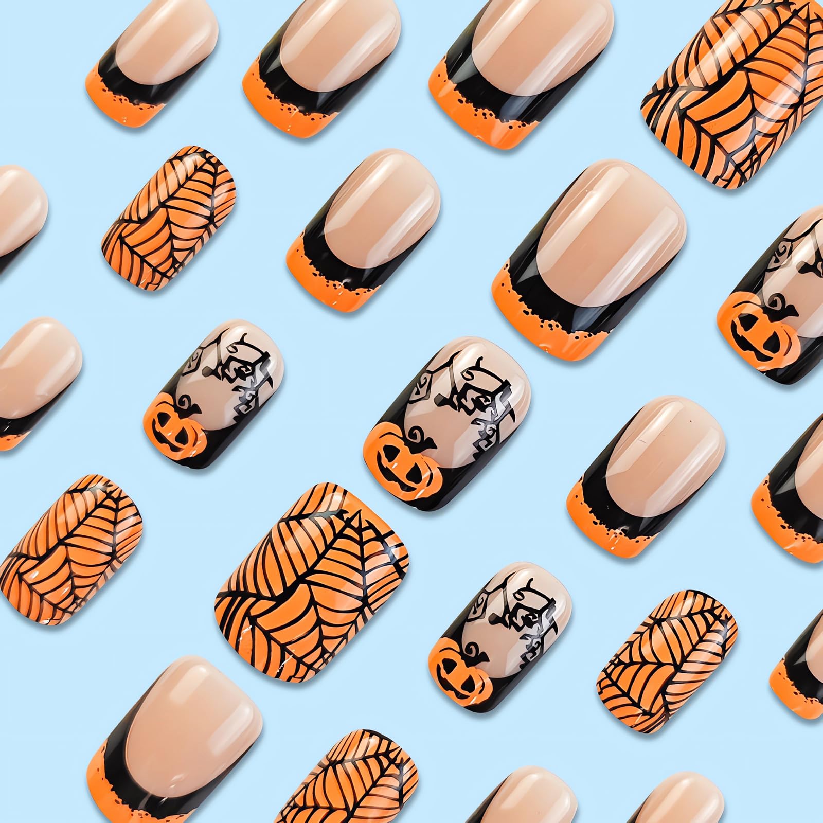 OHWODA Halloween Medium Fake Nails Square Press on Nails Black Spider Web Glue on Nails Halloween Pumpkin Nails Press ons Orange French Halloween Press on Nails for Women DIY Manicure Decorations - Image 3
