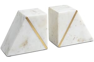 Cork & Mill Marble Book Ends for Shelves, Decorative Bookends for Heavy Books, Unique Mid Century Modern White and Gold Bookends with Brass Inlay, Heavy Duty Bookshelf Stopper, Set of 2