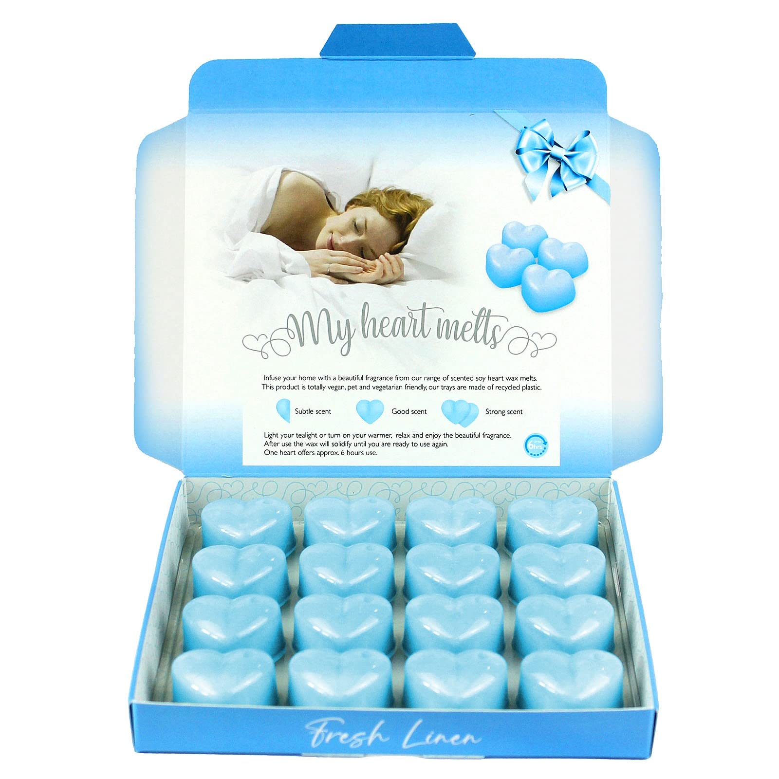 Fresh Linen Wax Melts: 16 pcs x 5g Heart Shaped Wax Melts Scented in a Presentation Gift Box, Vegan & Pet Friendly, Cruelty Free, Handmade in UK, Candle Alternative