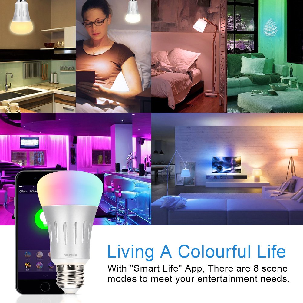 Amteker WiFi Smart Bulb - 7W RGBW Dimmable LED Bulb E27 Works with Alexa Echo, 60W Equivalent, Remote Control by Smartphone IOS & Android