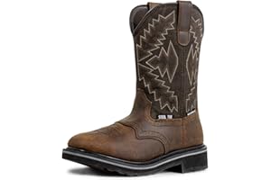 CVDSHU Men's Steel Toe Work Boots Waterproof Square Toe Cowboy Boots Comfortable Western Safety Boot with Full-Grain Leather 