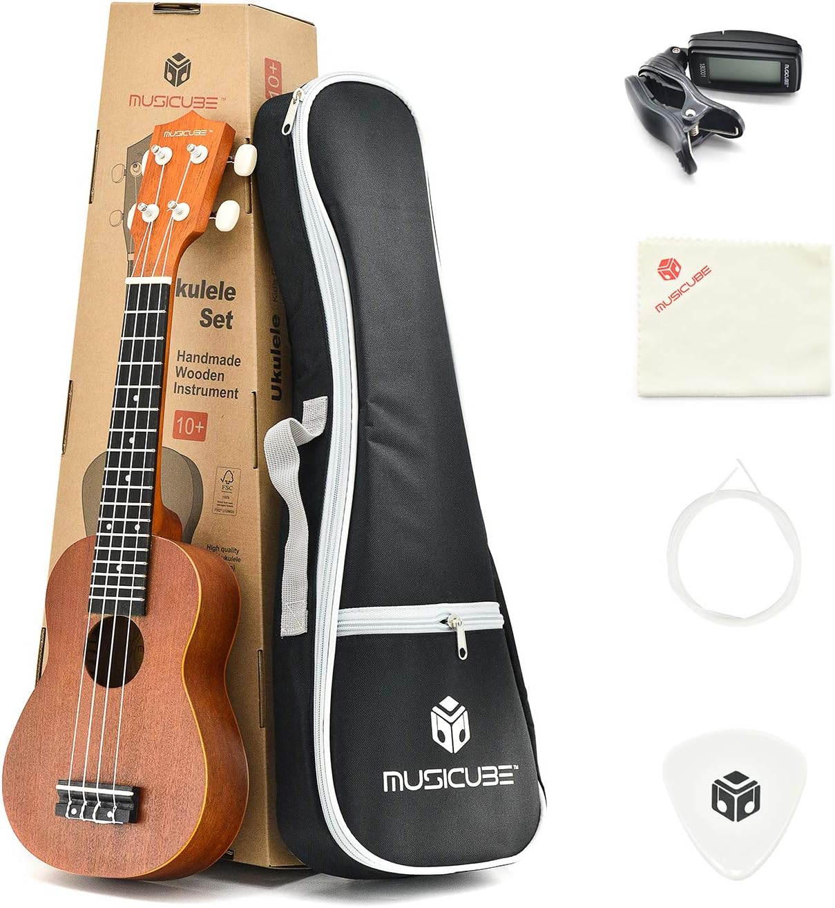 MUSICUBE Ukulele for Beginners 21-Inch Sapele Wooden Soprano Ukulele Kit with Ukulele Tuner & Strings & Pick & Bag & Polishing Cloth Professional Hawaiian Guitar Musical Instruments Father's Day Gift