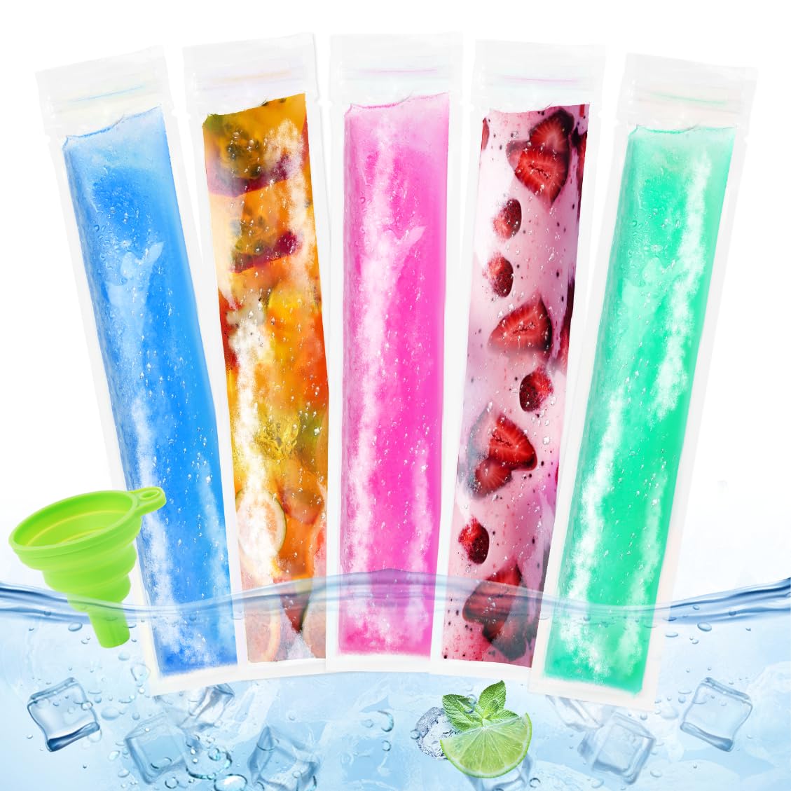 Photo 1 of 160 Pack Popsicle Bags 11x2" Disposable Popsicle Mold Bag Freezer Ice Pop Bags With Zip Seals and Funnel for Kids Adults Homemade Ice Candy Pops Yogurt Tubes Juice Fruit Smoothies Healthy Snacks
