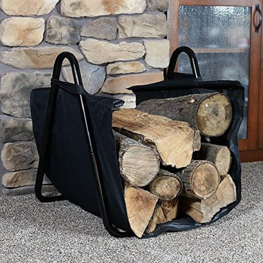 Fireplace Log Holder with Canvas Tote Carrier Black Indoor Firewood