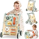 WOODMAM Wooden Baby Walker, Adjustable Speed Baby Push Walker for 1 Year Old, 10-in-1 Montessori Walker for Boys & Girls, Toddler Sit-to-Stand Learning Toy with Detachable Busy Board