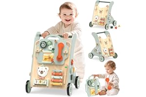 WOODMAM Wooden Baby Walker, Adjustable Speed Baby Push Walker for 1 Year Old, 10-in-1 Montessori Walker for Boys & Girls, Toddler Sit-to-Stand Learning Toy with Detachable Busy Board