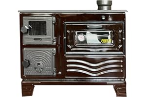STEPNEXT Cast Iron Wood Cook Stove with Oven | Wood Burning Stove Range Stove | Kitchen Stove Cooker Oven Section with Thermometer | Village House Oven Cabin Stove Made in Turkiye (Brown with Glass)