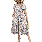 Younrui Women's Plus Size Midi Casual Dress with Pockets 1X-4X Tiered Short Sleeve Relax Fit Crewneck Summer Dresses