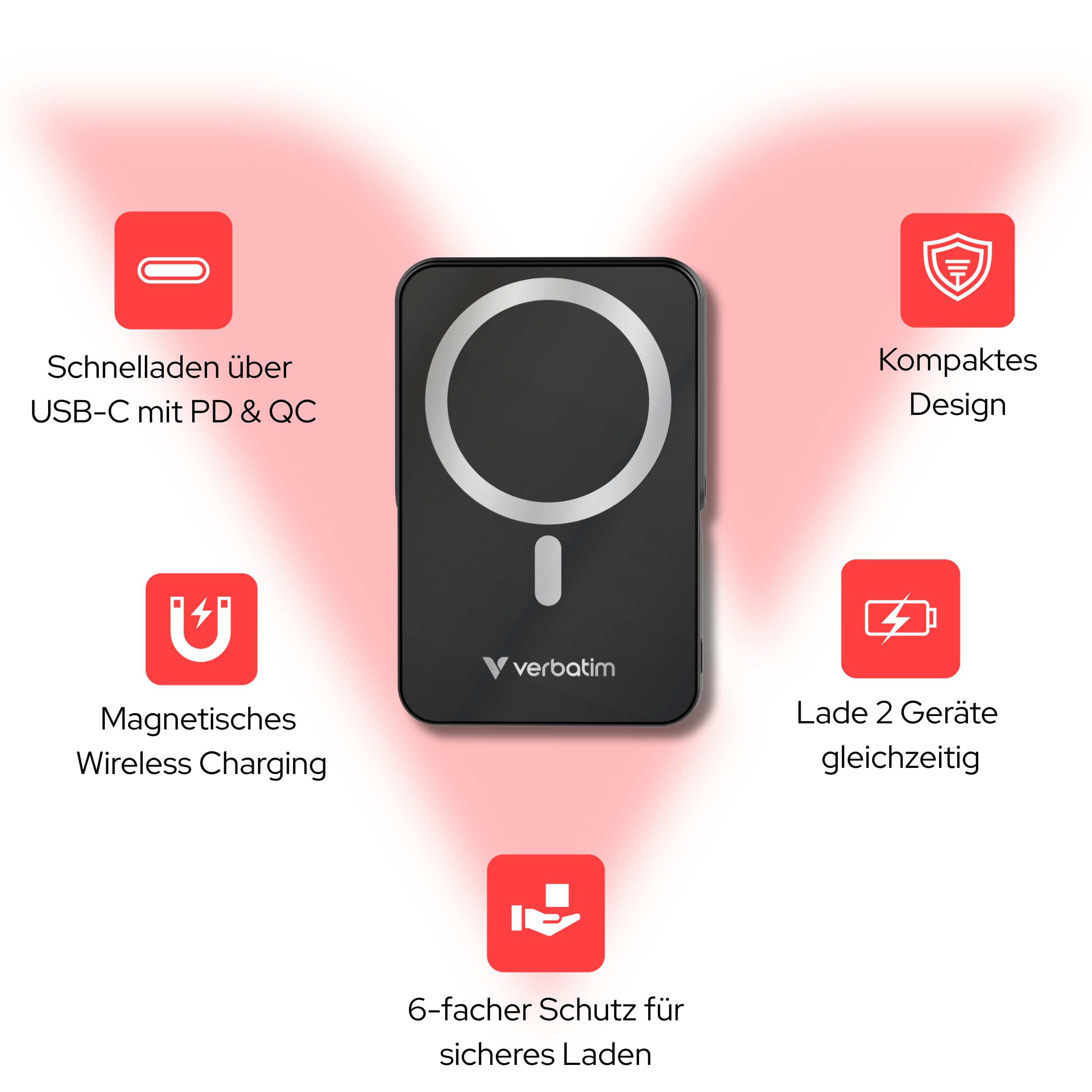 Verbatim Charge 'n' Go MagSafe Powerbank 10.000mAh Schwarz 15W magnetisch, PD 20W Schnellladen, LED-Anzeige, Ständer klappbar, Glasoberfläche, für iPhone 17/16/15 Pro, Galaxy S25 - inkl. USB-C Kabel 2