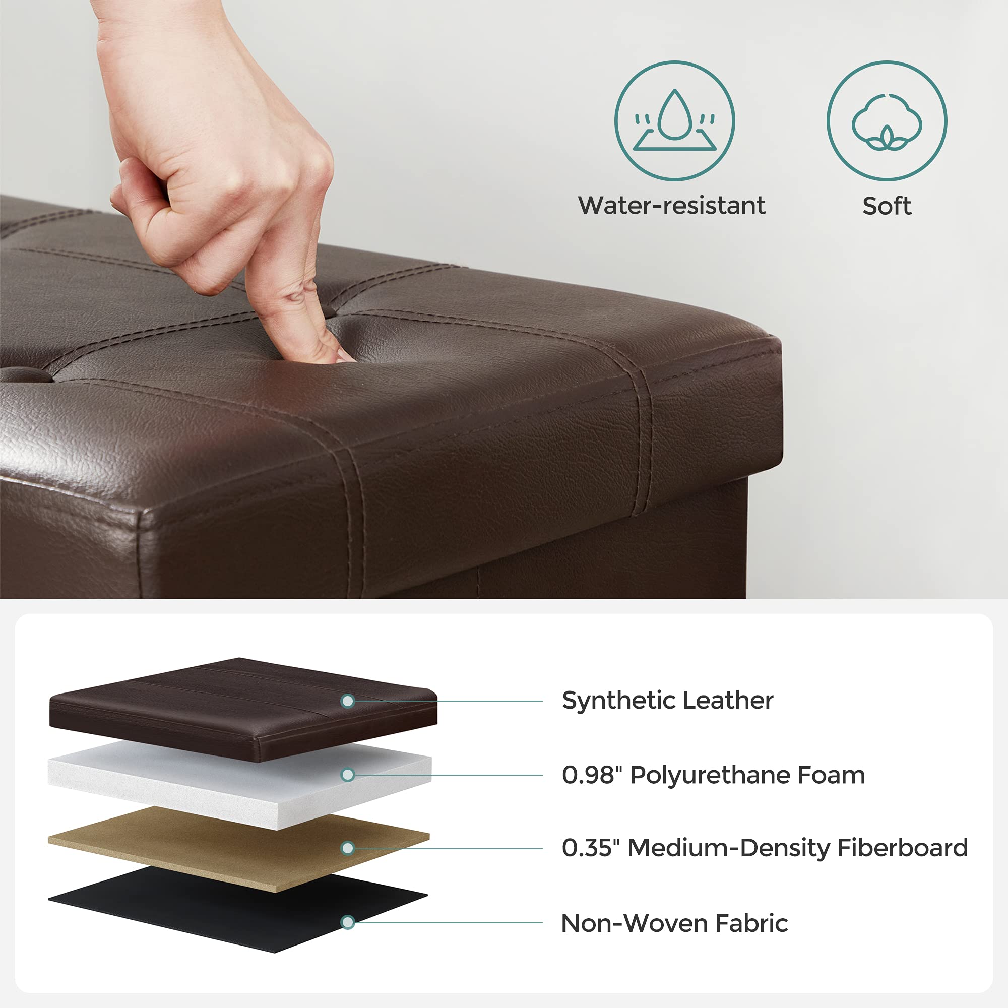 SONGMICS 43 Inches Folding Storage Ottoman Bench with Flipping Lid, Storage Chest Footrest Padded Seat with Iron Frame Support, Brown ULSF75BR