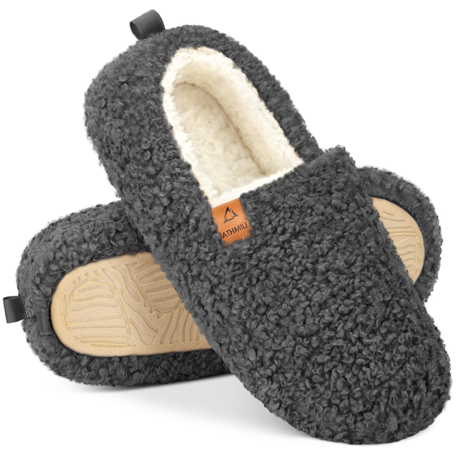 ATHMILE Fuzzy Slippers for Women House Slippers Memory Foam Curly Loafer with Polar Fleece Lining Indoor Outdoor Dark Grey Size11 12