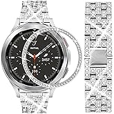 DEALELE Bands Compatible with Samsung Galaxy Watch 4 Classic (46mm), 20mm Luxury Rhinestone Diamond Metal Steel Bracelet with Watch Face Bezel Ring Case Cover Replacement for Women Men (Silver)