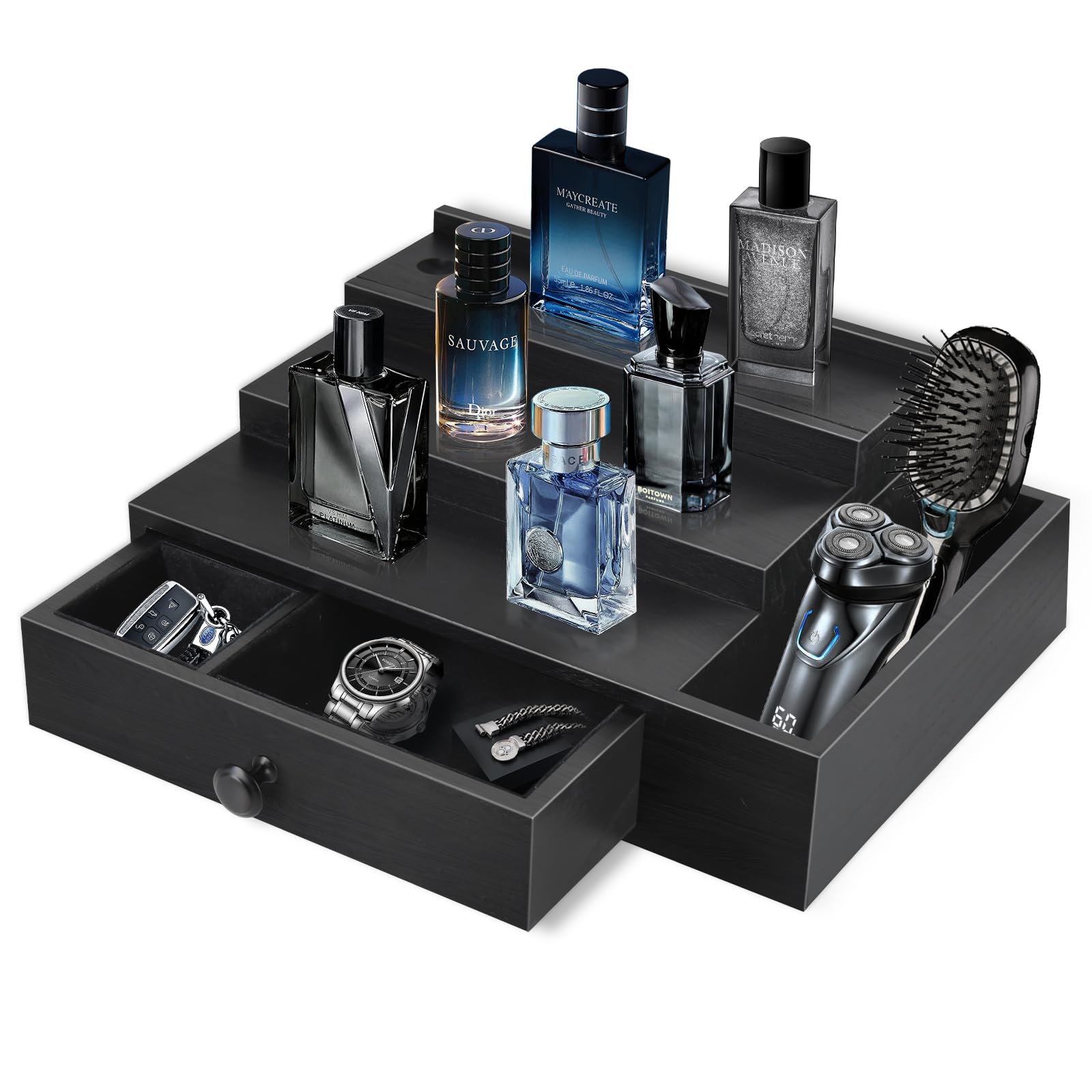 Photo 1 of ***(MINOR DAMAGE/ SMALL NICKS)****Zecela Cologne Stand Organizer for Men, 3 Tier Cologne Display Shelf with Velvet Lining Drawer and Compartments for Watch, Jewelry, Perfume Display Risers for Cologne, Great Gift for Father