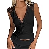 CSDAJIO Women's Deep V Neck Lace Tank Top Summer Sleeveless Low Cut Shirt Tie Front Cropped Cami Shirt
