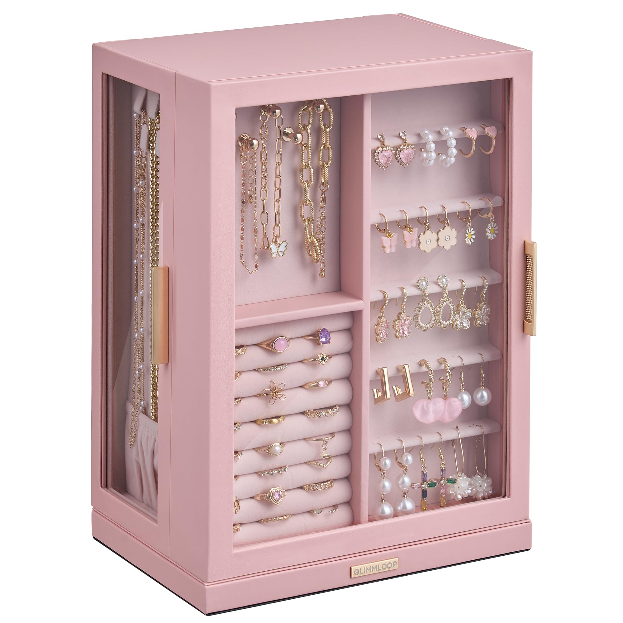 Photo 1 of Glimmloop 360° Rotating Jewelry Box with 7 Drawers, Spacious Vertical Jewelry Organizer with Glass Window, Jewelry Storage Case, Dustproof & Moisture-resistant Design, Pink