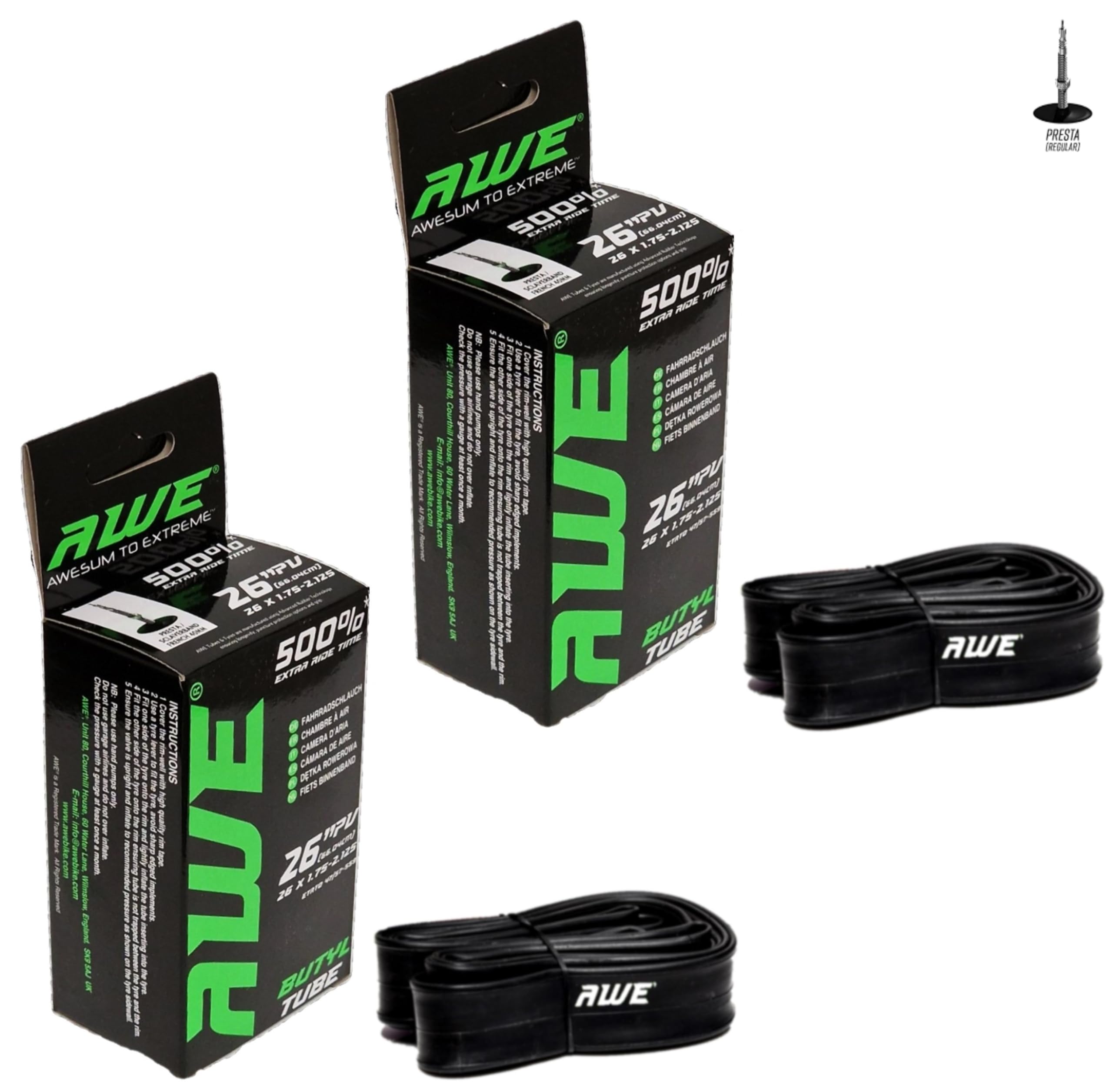 2 x AWE E-Bike/Bike Butyl Rubber 26 Inch Inner Tubes 500%* Extra Ride Time to fit 26"x 1.75 - 2.125 with Presta Valves