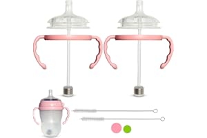 BELBEYO Comotomo Baby Bottles Straw Cup Conversion Kit - 2-Count, Food Grade Silicone Top Nipples, Weighted Straw, Bottle Handles, Cleaning Brush, BPA Free, 6+ Months (Pink)