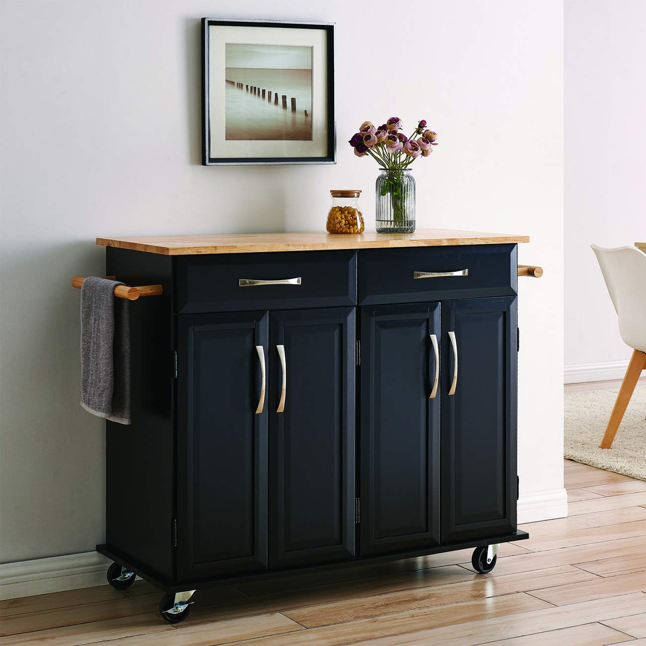 BELLEZE Portable Kitchen Island Cart w/Wood Top, 2 Towel Racks, Drawers & Cabinets w/Adjustable Shelves