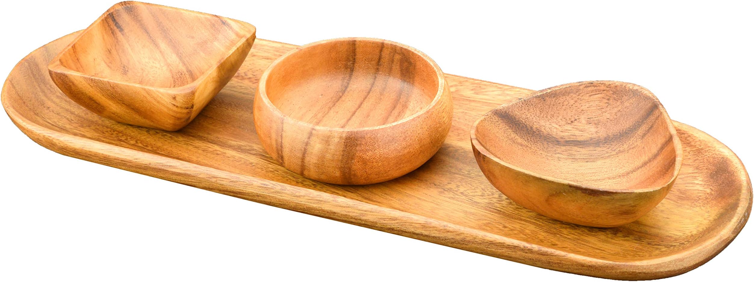 Acaciaware Bread and Appetizer Tray with 4-inch by 1.5-inch Dipping and Nut Bowls (3 Assorted Bowl Shapes)