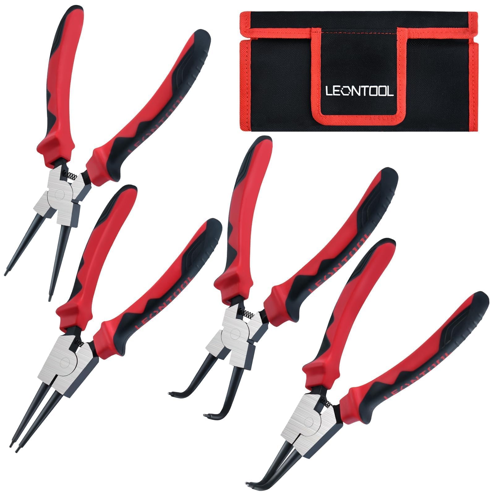 LEONTOOL 4 Pcs Snap Ring Pliers Set, 9-inch Internal & External Circlip Pliers, Straight & Bent Jaw, Carbon Steel, Red & Black, PLIERS