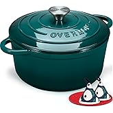 Overmont Enameled Cast Iron Dutch Oven - 5.5QT Pot with Lid Cookbook & Cotton Potholders - Heavy-Duty Cookware for Braising, Stews, Roasting, Bread Baking bottle green