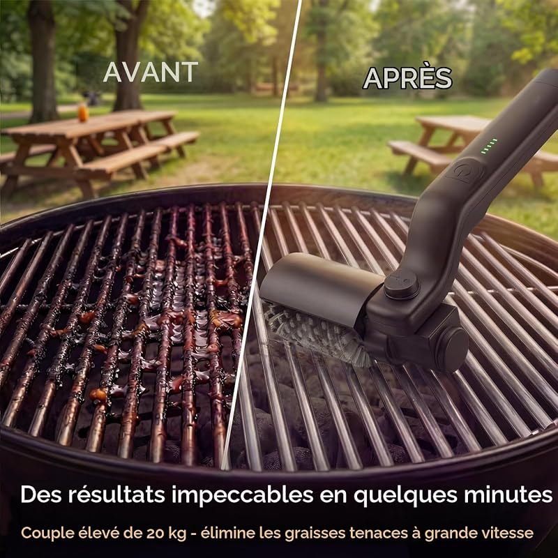 Brosse à grill électrique, brosse à grill à couple élevé avec modes 3 vitesses, nettoyeur de barbecue à couple maximum de 20kg pour acier inoxydable en fonte de porcelaine, poiles en acier renforcé, T
