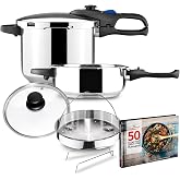 MAGEFESA Favorit Six Stainless Steel Pressure Cooker Set, 3.2 &amp; 6.3 Qts, Induction Compatible, Heat Diffuser Base, 5 Safety Systems &ndash; Special Edition (Steam Basket, Lid &amp; Recipe Book)