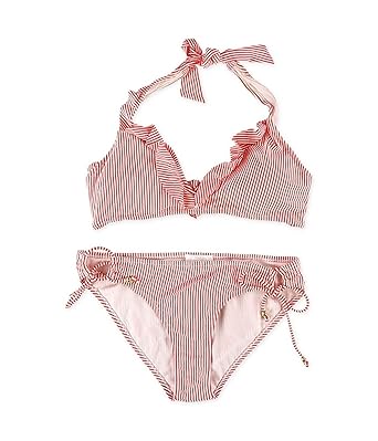 Jessica Simpson Womens Seersucker Ruffle Side Tie 2 Piece Bikini