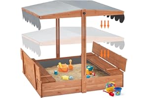 YOLENY Sandbox, Kids Sandbox with Lid, Sand Box for Kids Ages 3-8, Wooden Outdoor Sandbox with Cover and Height Adjustable Roof, Sand Protection Liner, for Backyard, Beach, Lawn, Orange