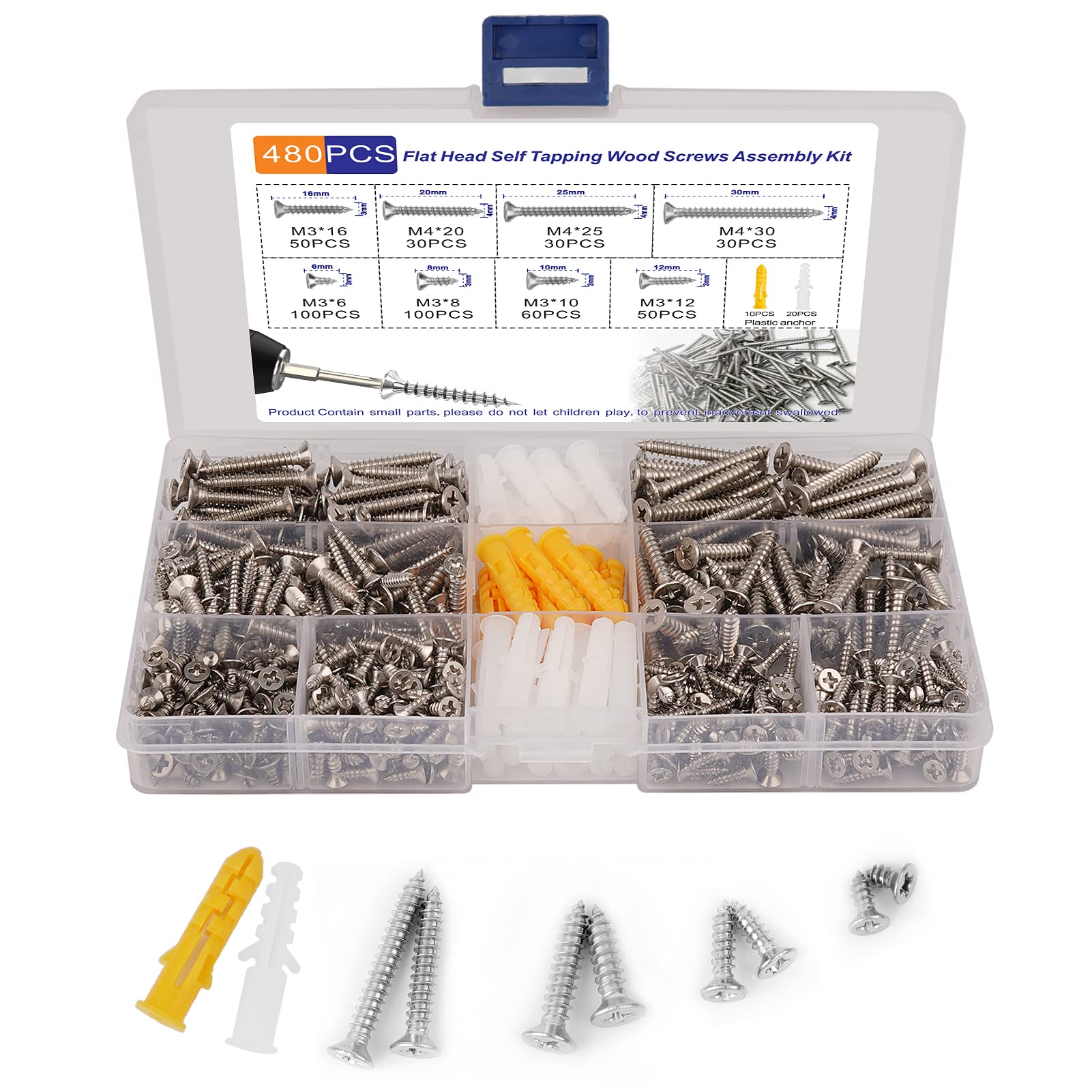 480pcs Wood Screws Assortment, M3 M4 Countersunk Self Tapping Screws, 8 Sizes Small Screw for Wood with 30pcs Screw Anchorss,for Furniture, Woodworking, DIY Model Fixing — image 1