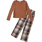Girls 2 Piece Clothes Set Solid Long Sleeve V Neck Tops Wide Leg Plaid Pants with Pockets Fall Winter Outfits 6-14Y