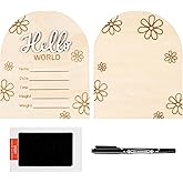 R HORSE Baby Birth Announcement Sign with Marker Pen, 3D Wooden Hello World Birth Sign with Ink Pad for Hand and Footprints, Double-Sided Daisy Newborn Name Announcement for Baby Shower Keepsakes