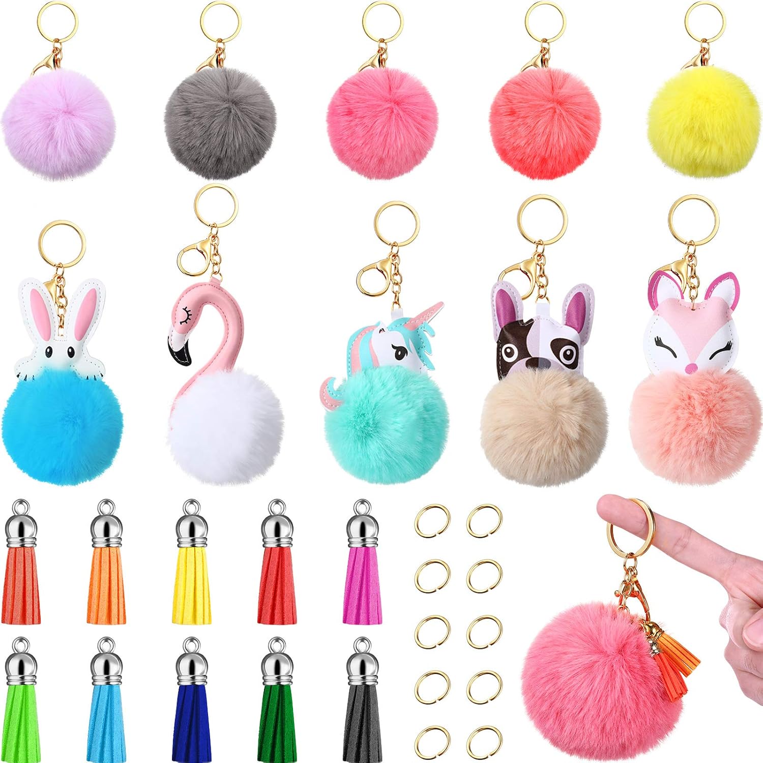30 Pieces Animal Pom Poms Keychains Cute Faux Rabbit Fur Fluffy Pompoms