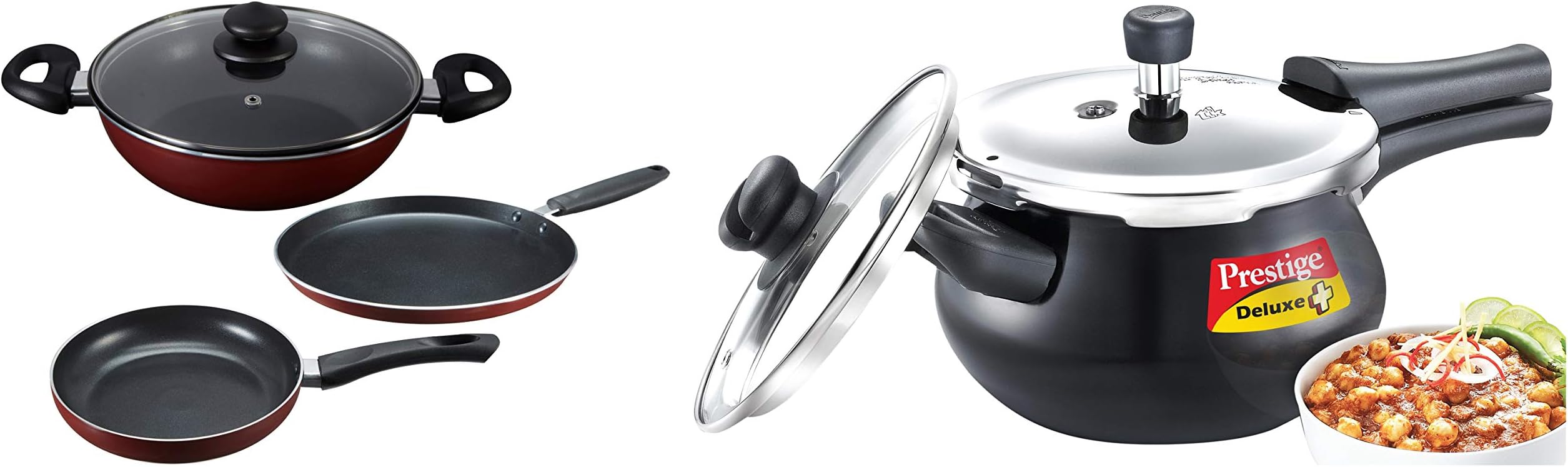 Prestige Omega Deluxe Induction Base Non-Stick Kitchen Set, 3-Pieces & Deluxe Duo Plus Induction Base Aluminium Pressure Cooker, 3.3 litres, Black Combo