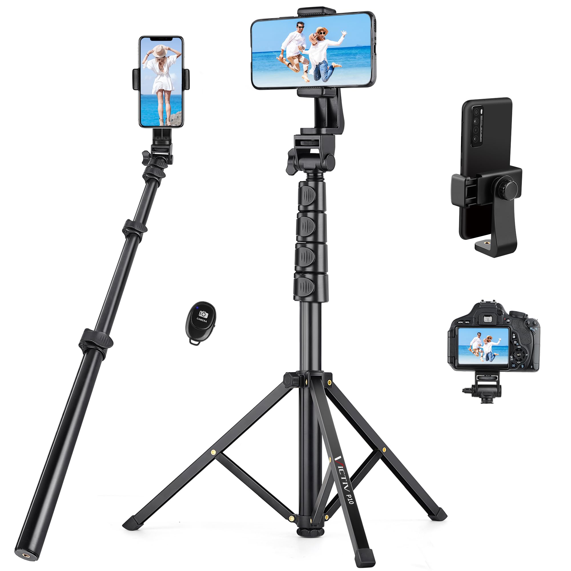 Photo 1 of 70" Phone Tripod with Remote & Holder, Portable Cell Phone Stand, Selfie Stick for Video Recording, Compatible with iPhone 14/13 Pro Max/Android/Camera