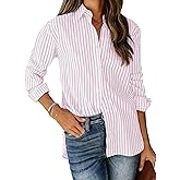 siliteelon Womens Button Down Shirts Cotton Striped Dress Shirt Long Sleeve Collared Office Work Blouses Tops