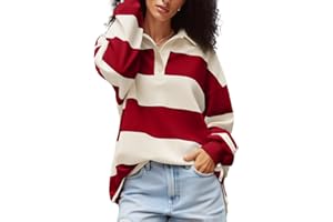 AMIBLVOWA Women Striped Polo Shirt Y2K Oversized Long Sleeve Collared Pullover Jersey Sweater Vintage Loose Rugby Sweatshirt