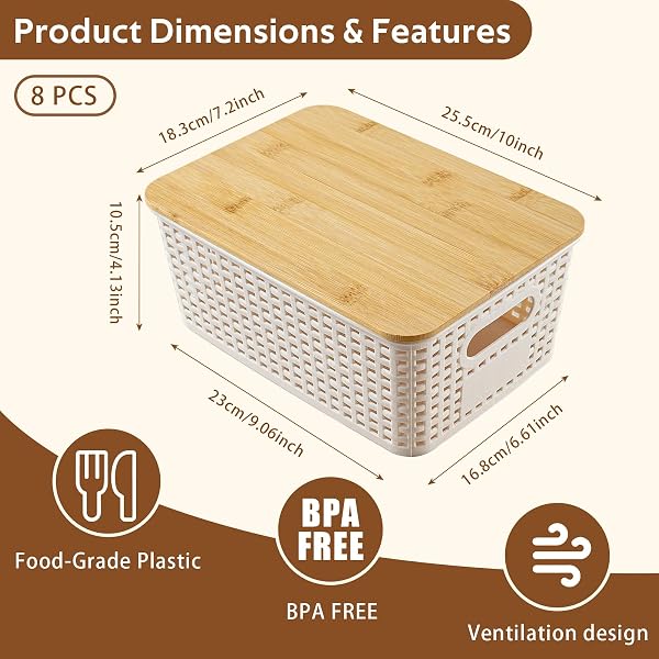 ANTSTEP 8 PACK PLASTIC STORAGE BINS WITH BAMBOO LIDS – STACKABLE STORAGE BASKETS WITH HANDLE FOR PANTRY ORGANIZER AND STORAGE, PLASTIC CONTAINERS BINS LIDDED STORAGE BINS FOR CLASSROOM OFFICE SHELVES