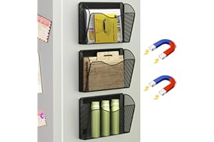 GDINDINFAN Magnetic 3 Single Pocket Wall File Holder, Mesh Wall Paper Organizer, Vertical Mail Basket, Storage Organization Magazine Rack for Office, Home and School, Black