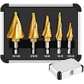Step Drill Bit Set - 5PCS Titanium HSS Step Bit with Two Spiral Flutes | 50 Sizes 4241 Drill Set from 1/16" to 1-3/8" for Metal, Aluminum, Wood &amp; Plastic, Unibit for Electricians &amp; DIY