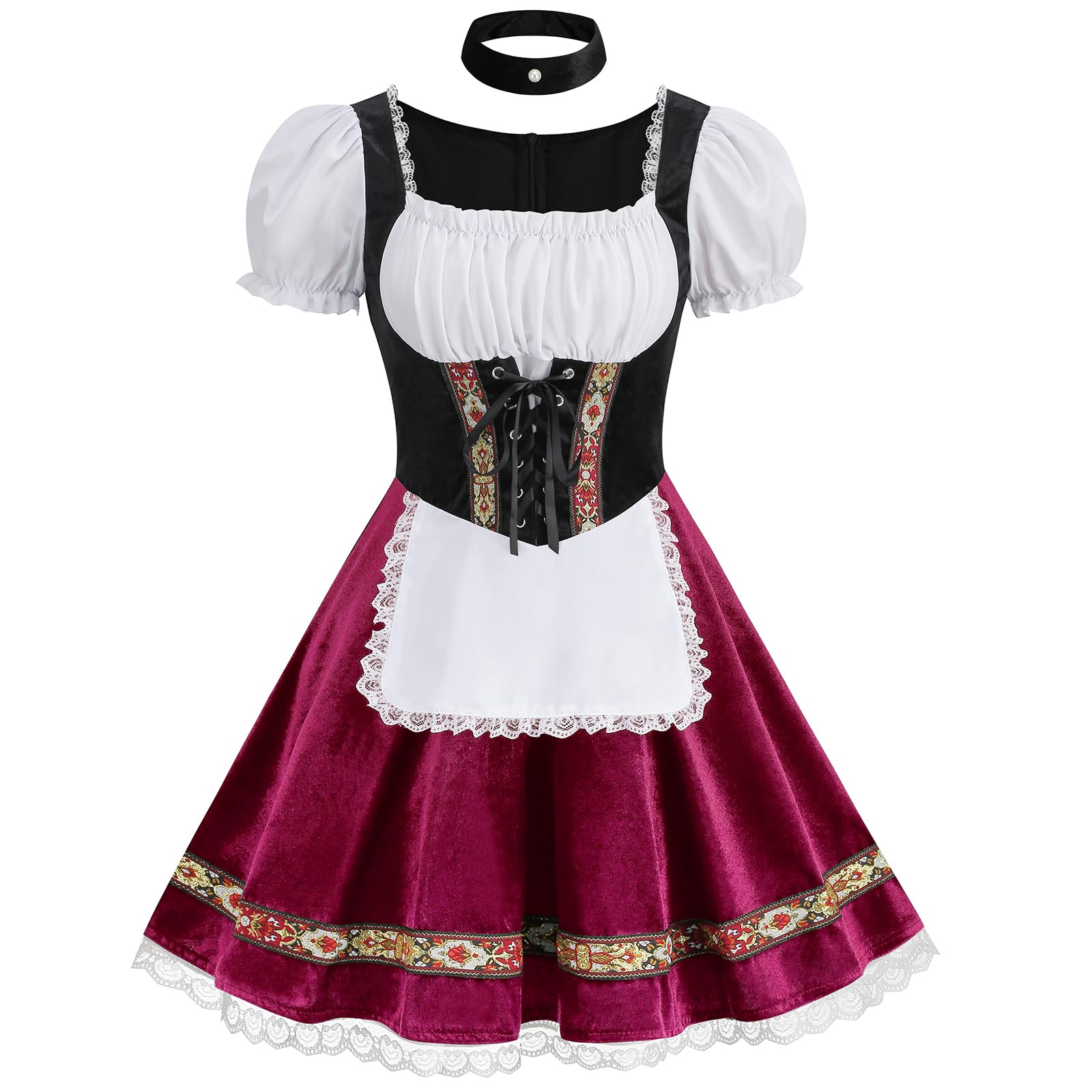 maxToonrain Oktoberfest Outfit Women Size 24,Women's German Beer Bavarnian Traditional Short Sleeve Velvet Halloween Costume Fancy Dress for Womens(Red L)